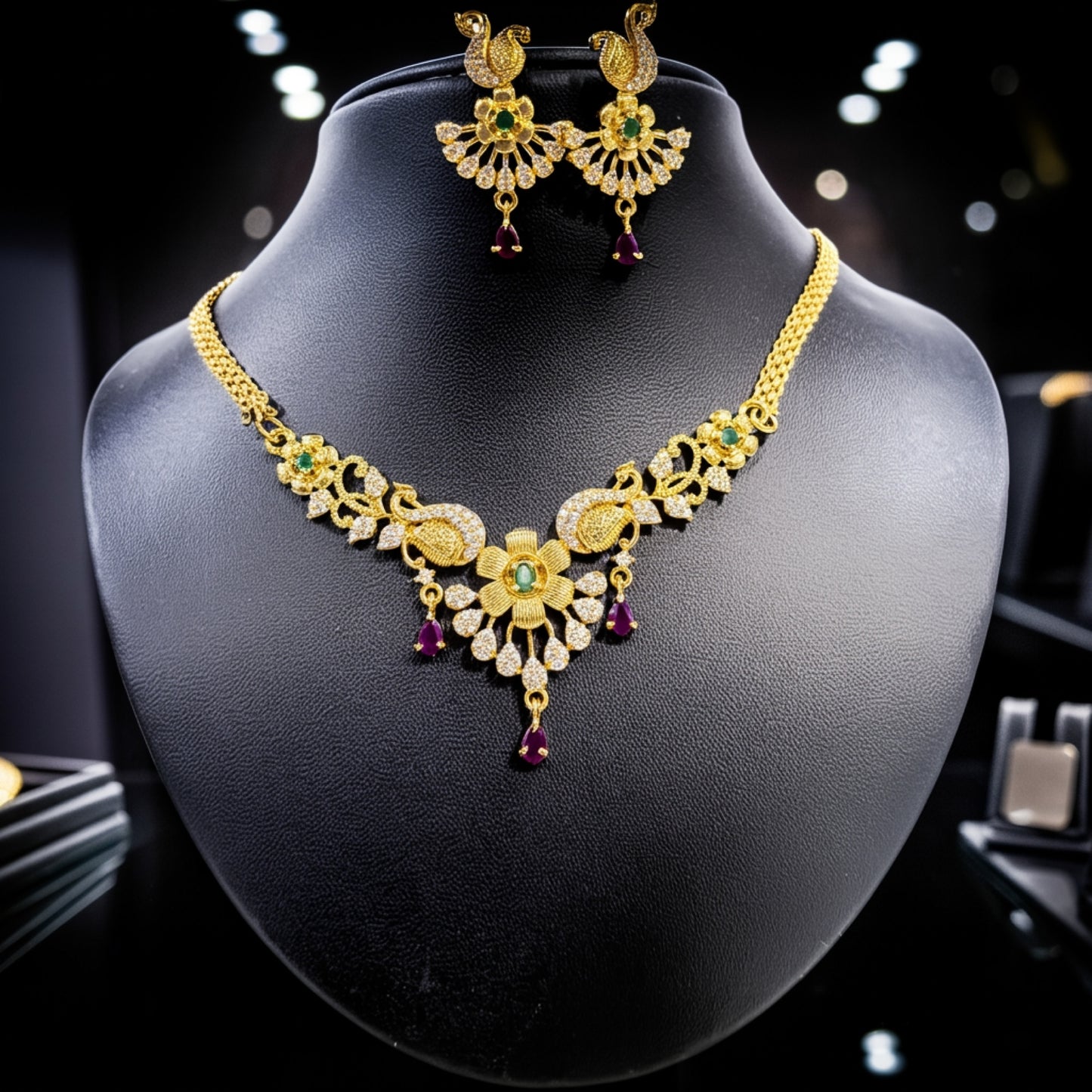 Elegant Gold-Toned Imitation Necklace Set with Peacock Motif & Ruby Drops