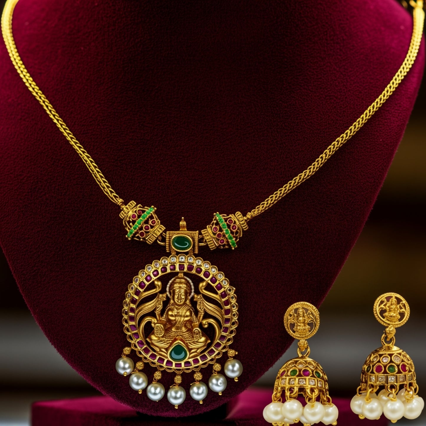 Divine Lakshmi Antique Necklace Set with Jhumkas – Temple Style Imitation Jewellery