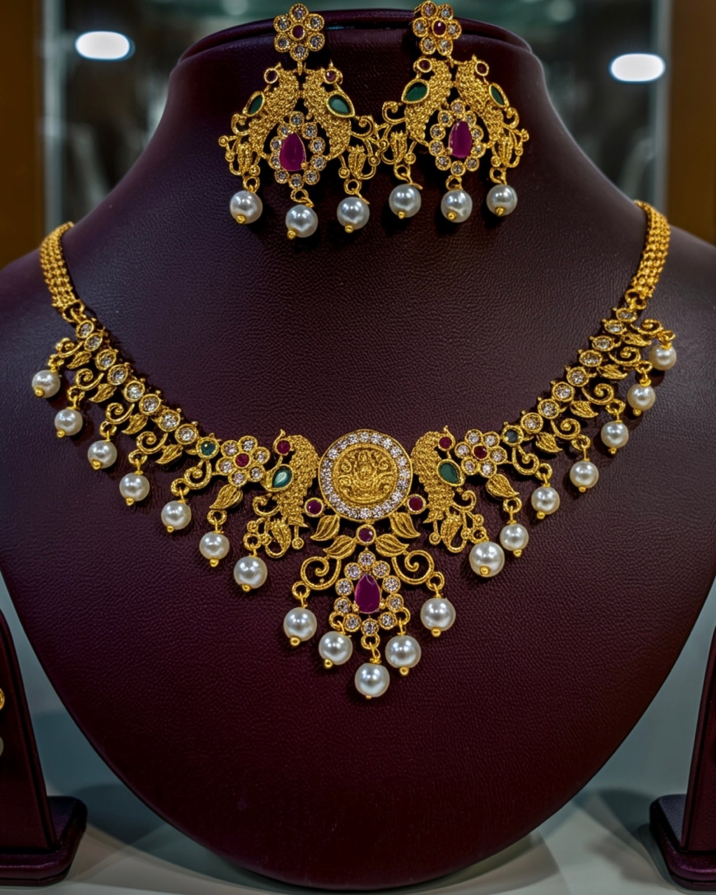 Lakshmi Coin Temple Necklace with Pearl Drops – Traditional Gold Plated Imitation Jewellery