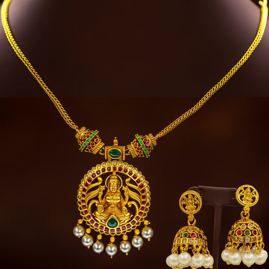 Divine Lakshmi Antique Necklace Set with Jhumkas – Temple Style Imitation Jewellery