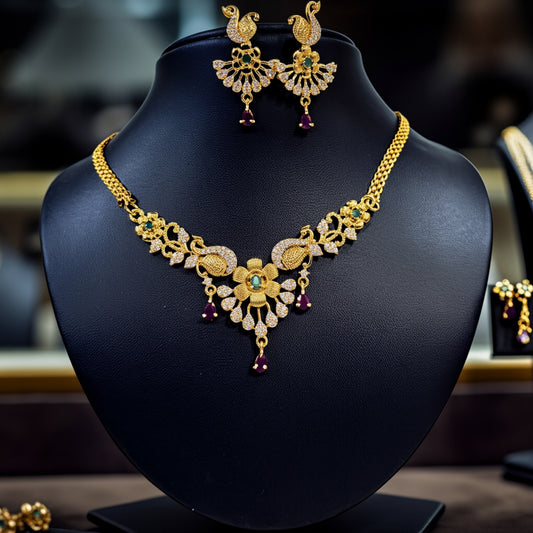 Elegant Gold-Toned Imitation Necklace Set with Peacock Motif & Ruby Drops