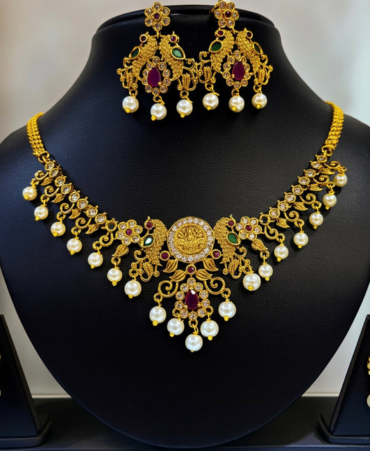 Lakshmi Coin Temple Necklace with Pearl Drops – Traditional Gold Plated Imitation Jewellery