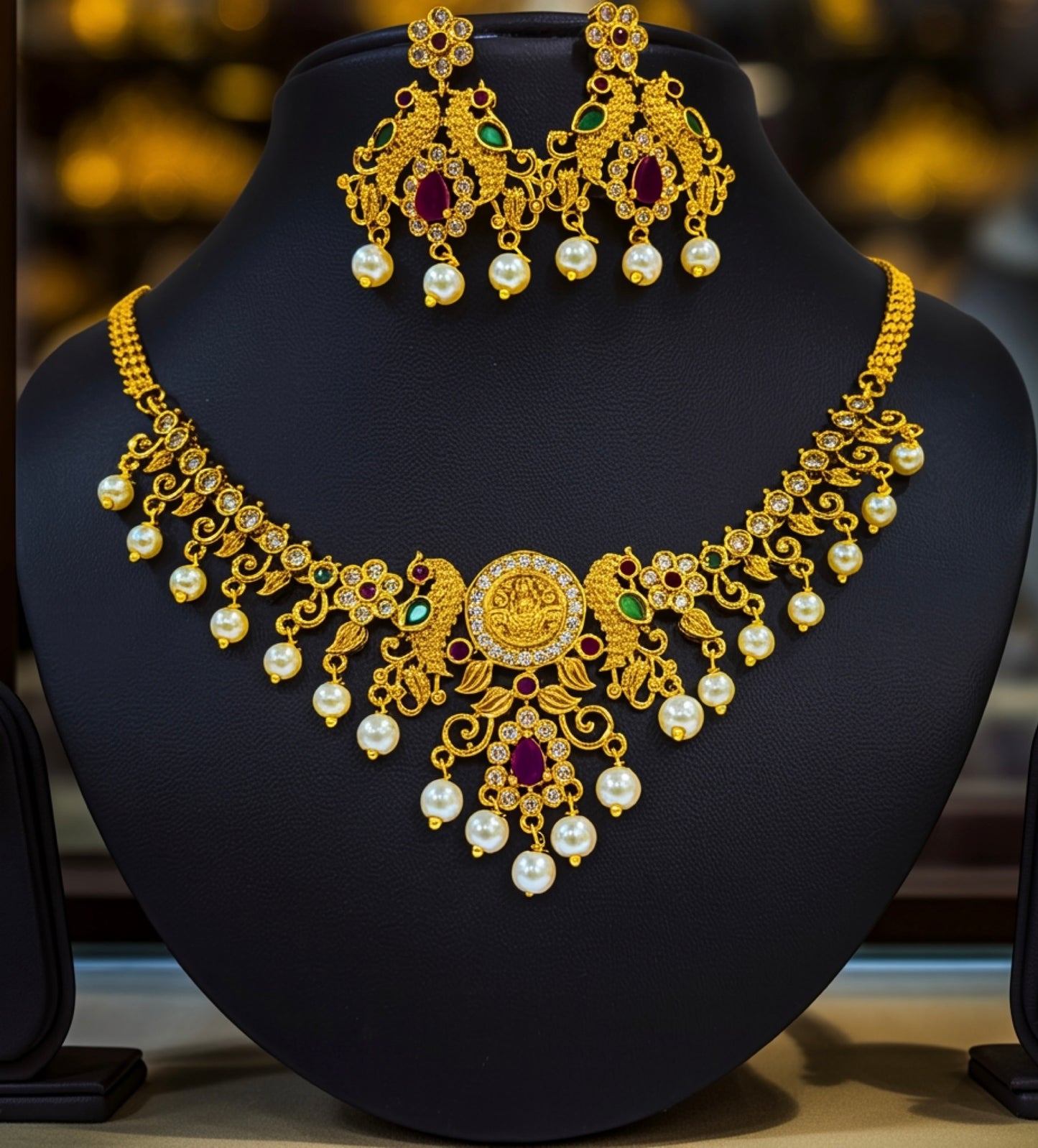 Lakshmi Coin Temple Necklace with Pearl Drops – Traditional Gold Plated Imitation Jewellery