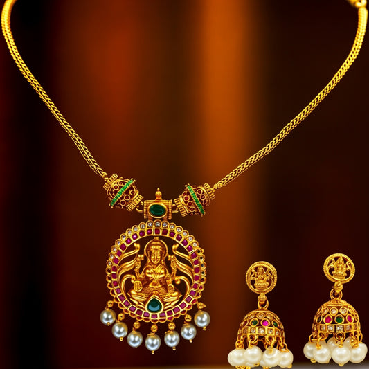 Divine Lakshmi Antique Necklace Set with Jhumkas – Temple Style Imitation Jewellery