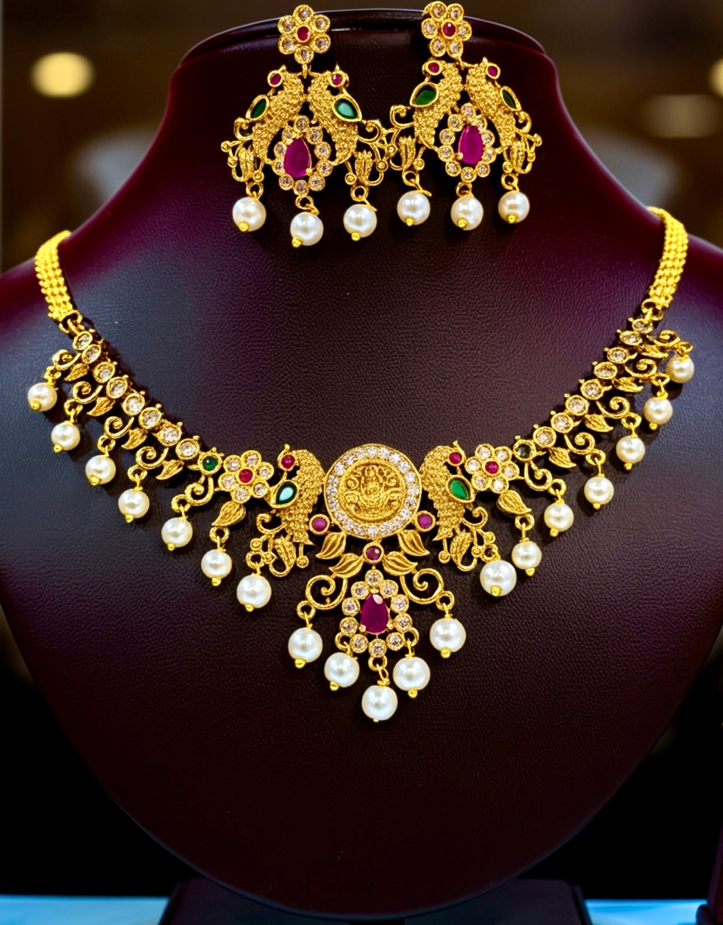Lakshmi Coin Temple Necklace with Pearl Drops – Traditional Gold Plated Imitation Jewellery