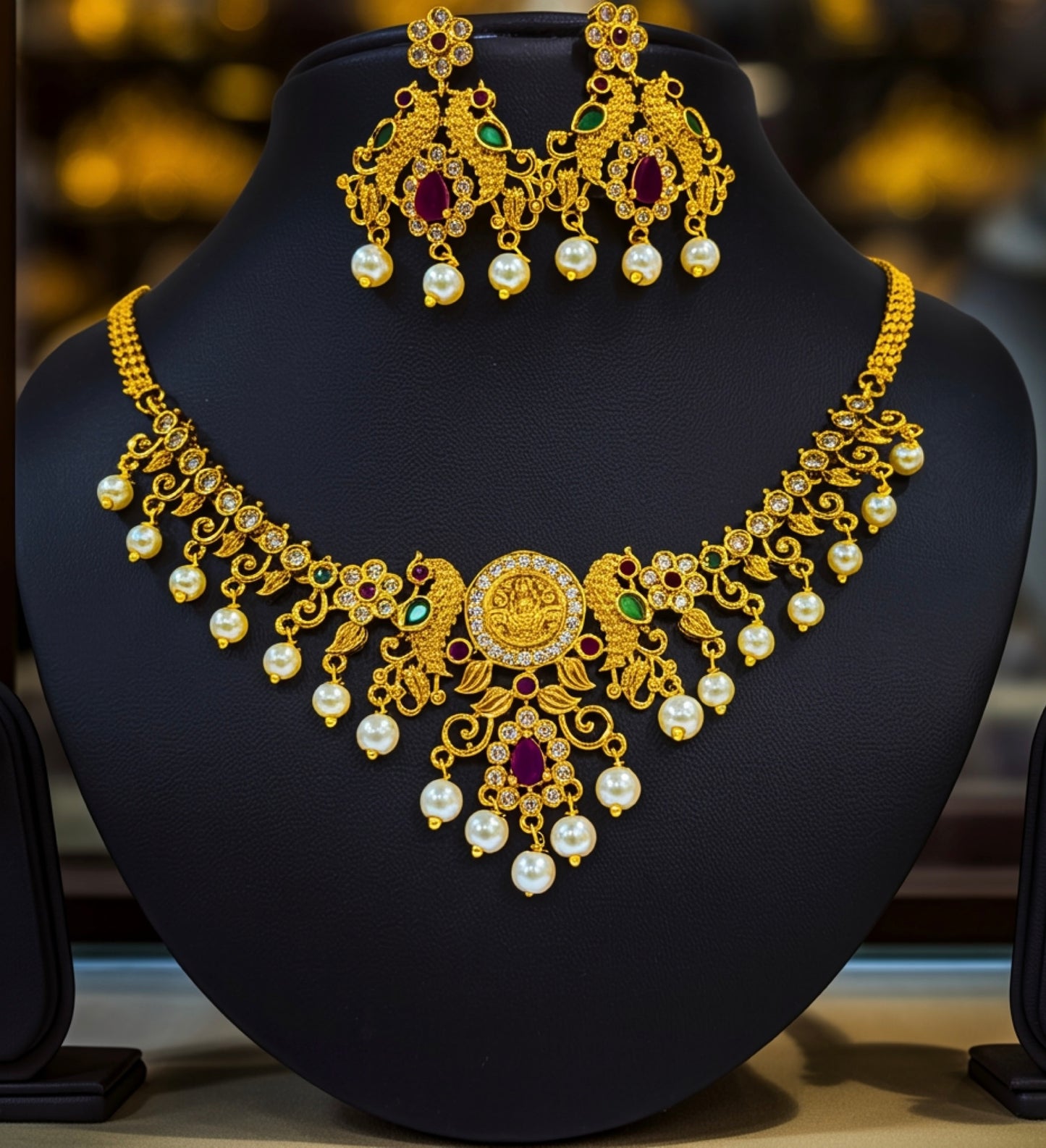 Lakshmi Coin Temple Necklace with Pearl Drops – Traditional Gold Plated Imitation Jewellery
