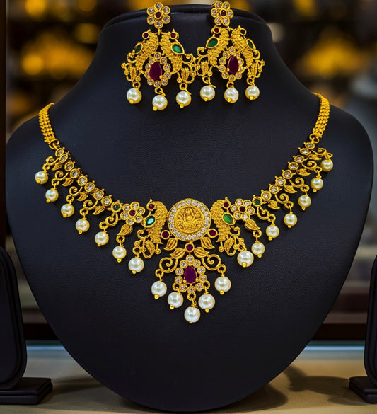 Lakshmi Coin Temple Necklace with Pearl Drops – Traditional Gold Plated Imitation Jewellery