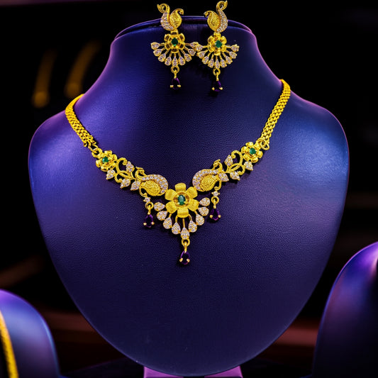 Elegant Gold-Toned Imitation Necklace Set with Peacock Motif & Ruby Drops