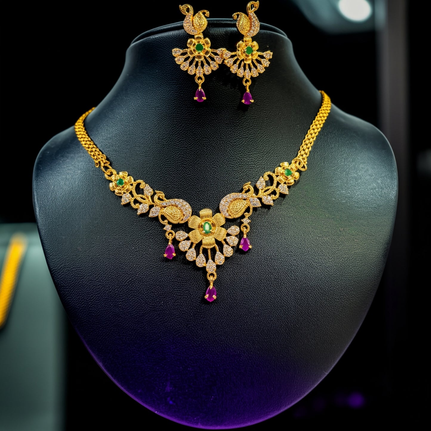 Elegant Gold-Toned Imitation Necklace Set with Peacock Motif & Ruby Drops