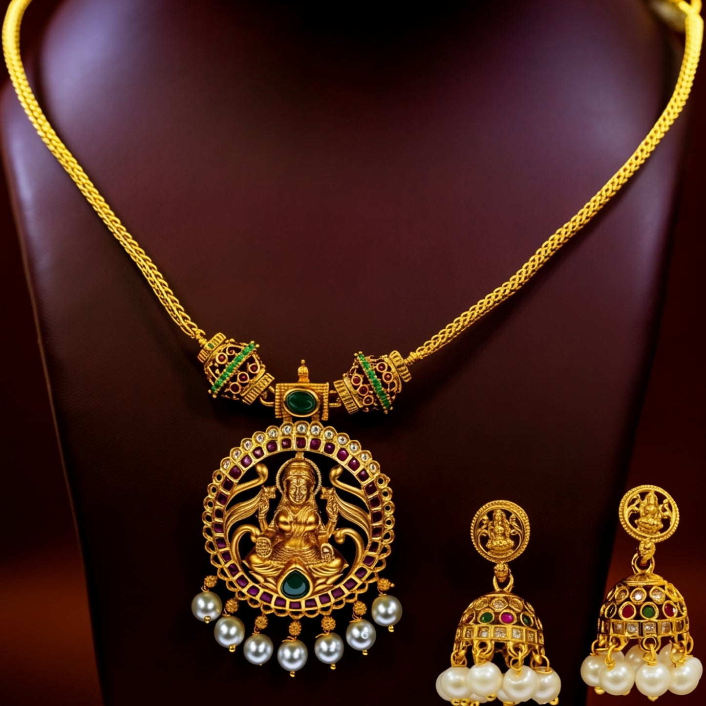 Divine Lakshmi Antique Necklace Set with Jhumkas – Temple Style Imitation Jewellery