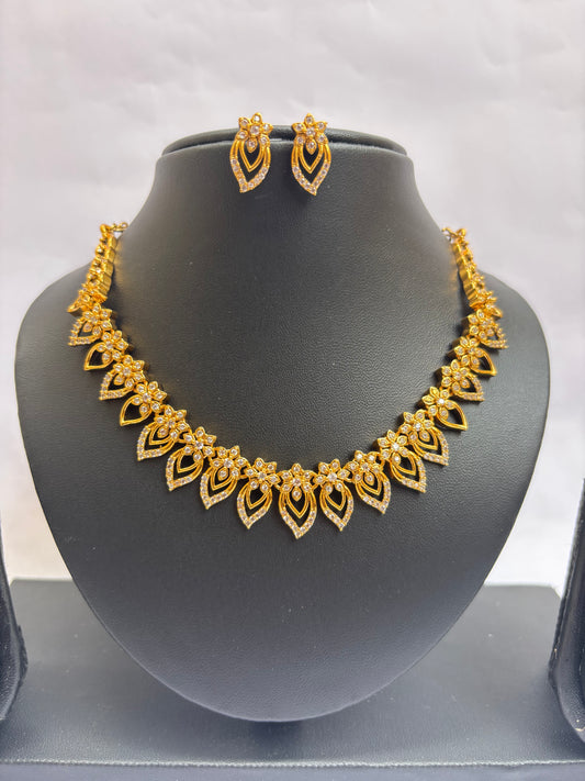 Gold-Plated Floral Diamond Necklace & Earrings Set