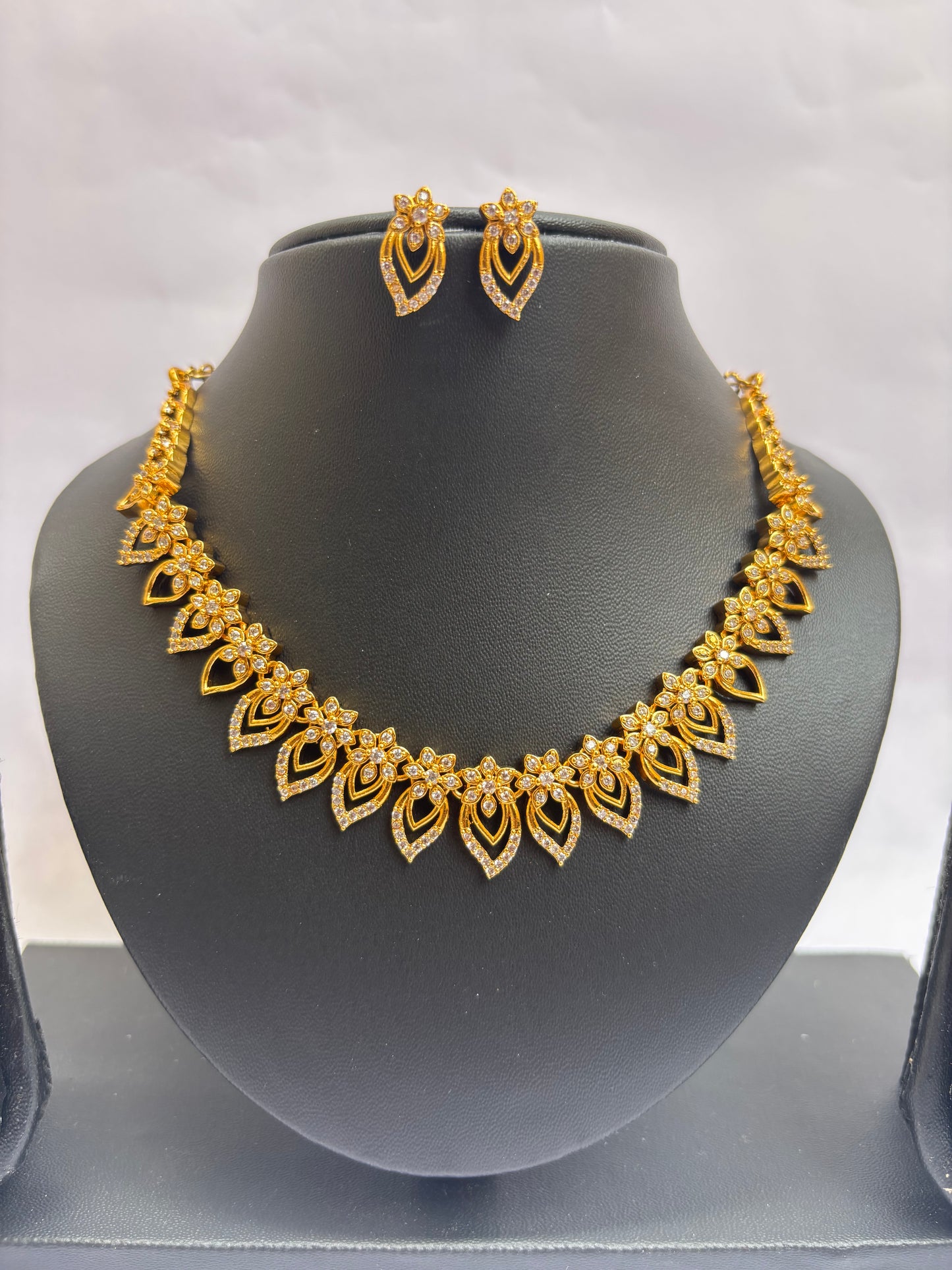 Gold-Plated Floral Diamond Necklace & Earrings Set
