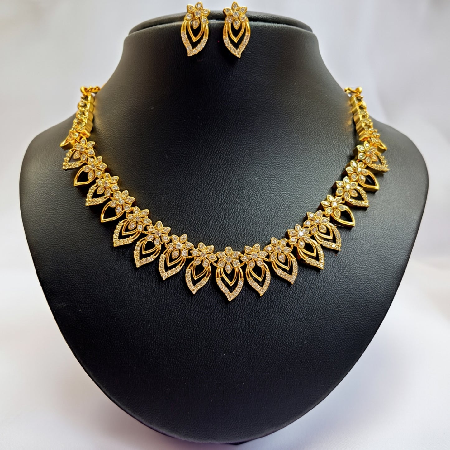 Gold-Plated Floral Diamond Necklace & Earrings Set