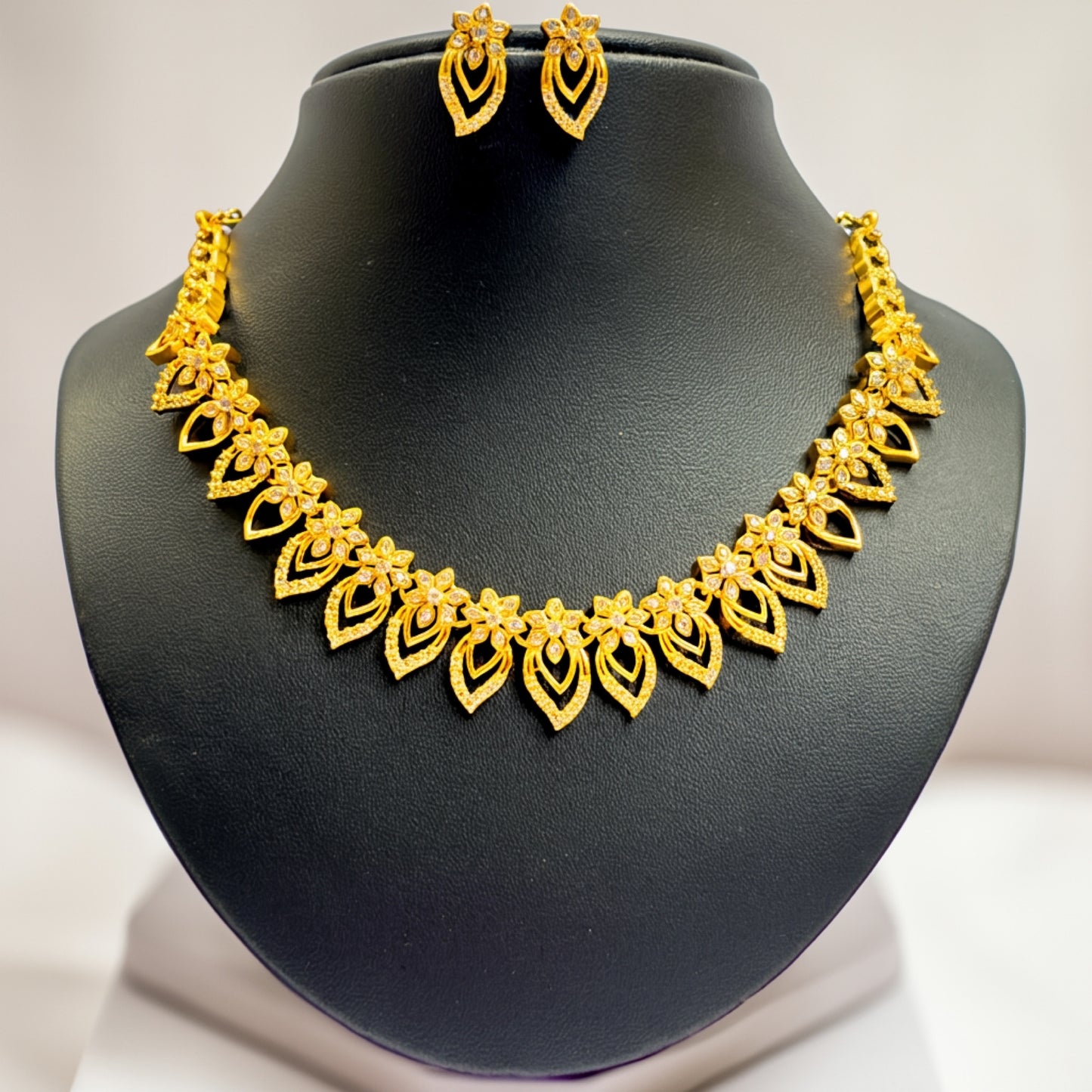 Gold-Plated Floral Diamond Necklace & Earrings Set