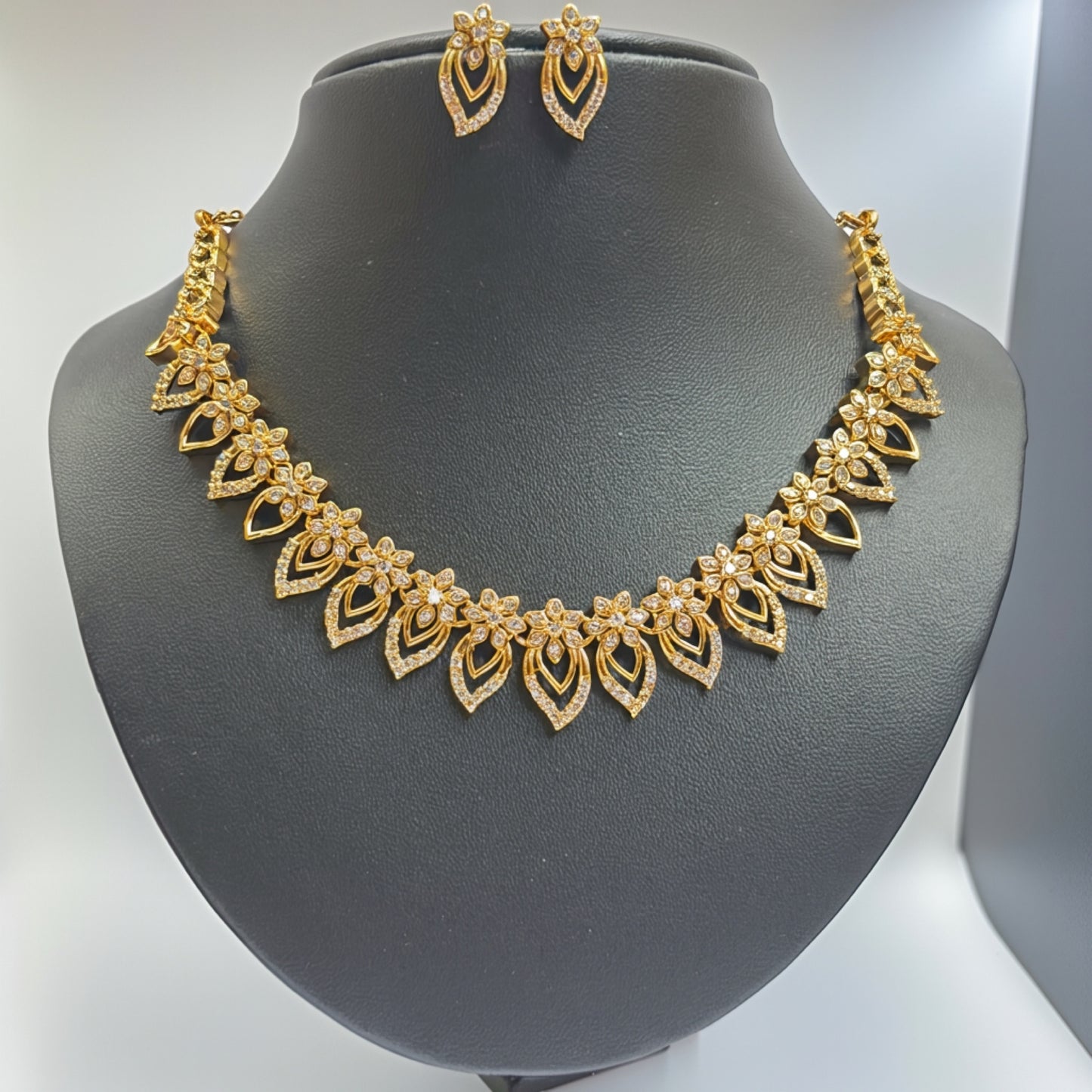 Gold-Plated Floral Diamond Necklace & Earrings Set
