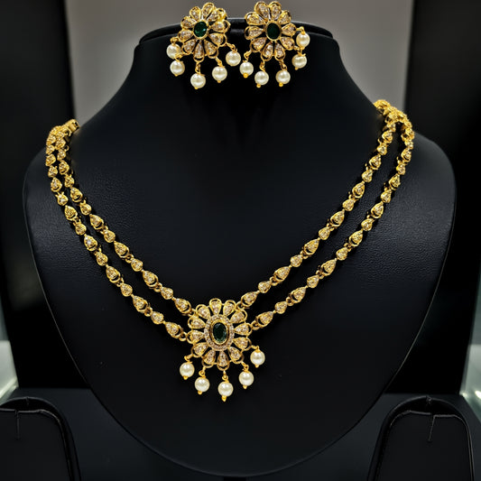 Antique Gold-Plated Pearl & Green Stone Necklace Set
