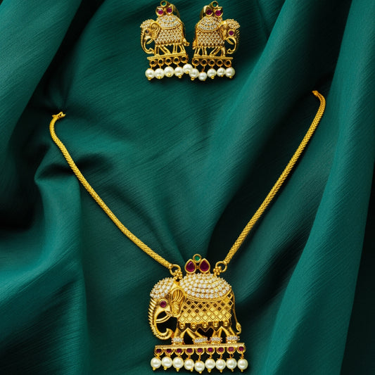 Regal Elephant Motif Necklace Set with Pearl Drops