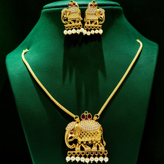 Regal Elephant Motif Necklace Set with Pearl Drops