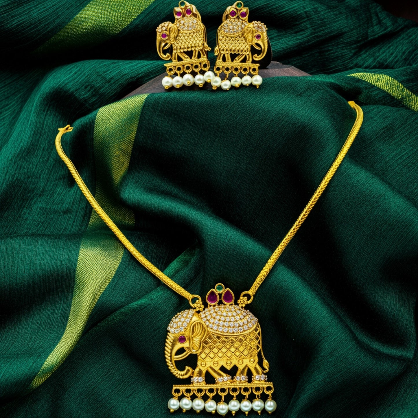 Regal Elephant Motif Necklace Set with Pearl Drops