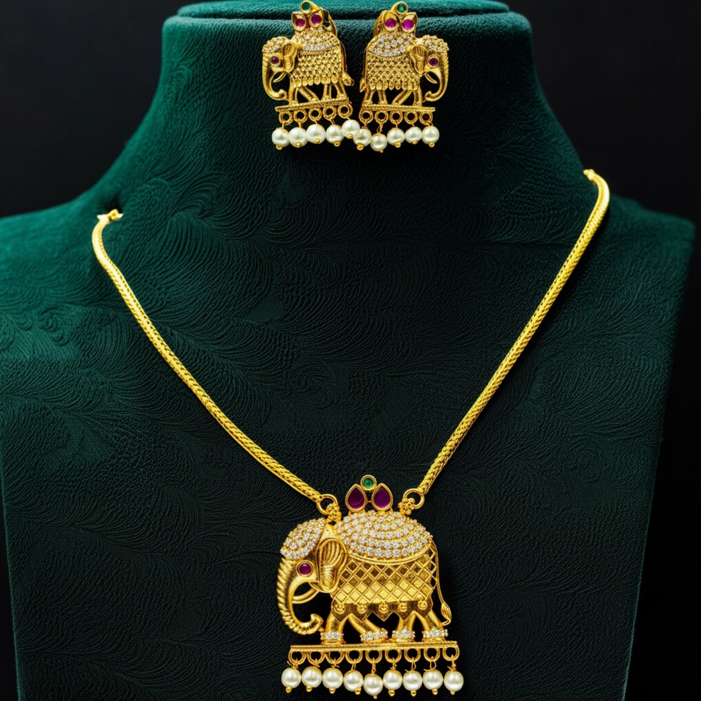 Regal Elephant Motif Necklace Set with Pearl Drops