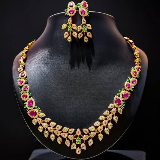 Contemporary Leaf Motif Necklace Set with Ruby Pink & Emerald Green Stones