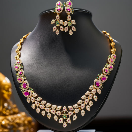 Contemporary Leaf Motif Necklace Set with Ruby Pink & Emerald Green Stones