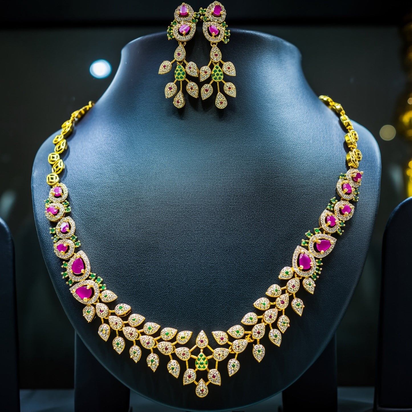 Contemporary Leaf Motif Necklace Set with Ruby Pink & Emerald Green Stones