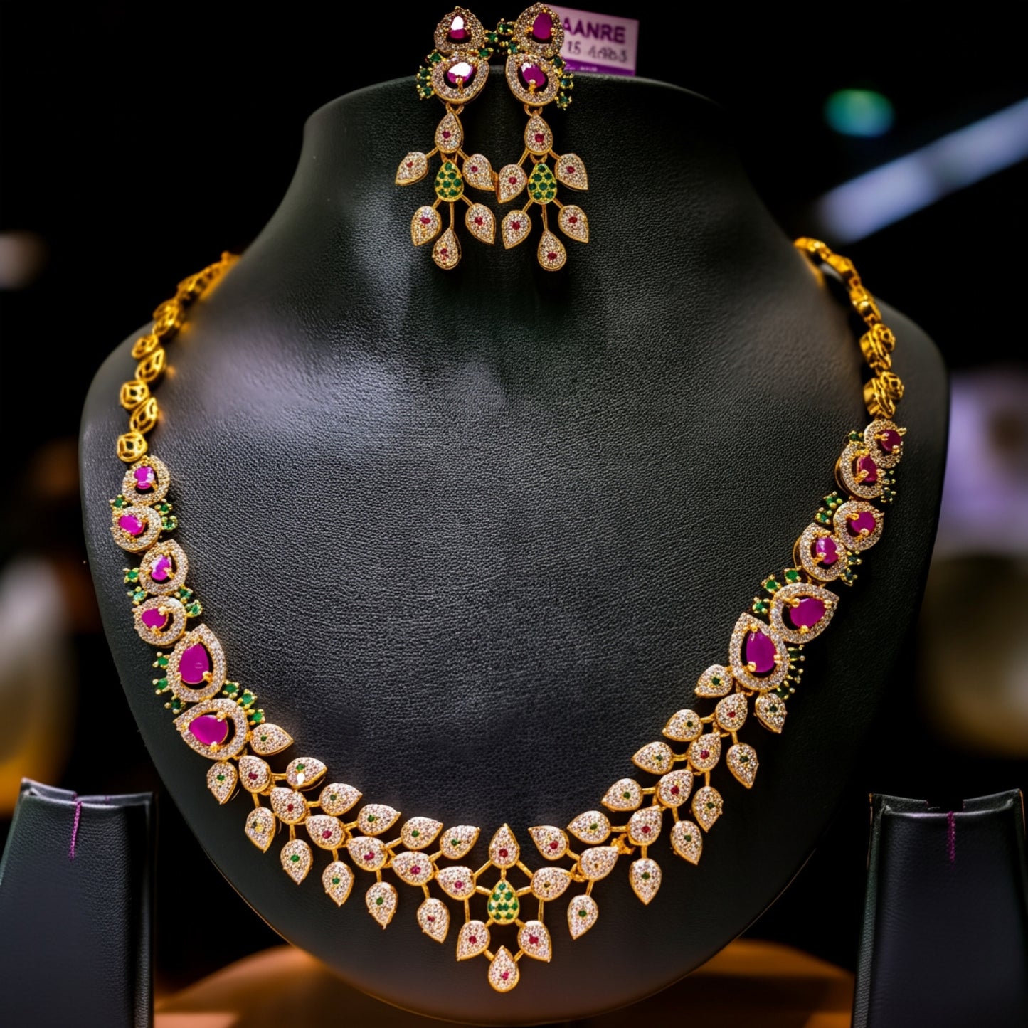 Contemporary Leaf Motif Necklace Set with Ruby Pink & Emerald Green Stones