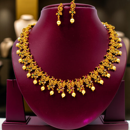 Antique Floral Gold Necklace Set with Pearl Drops