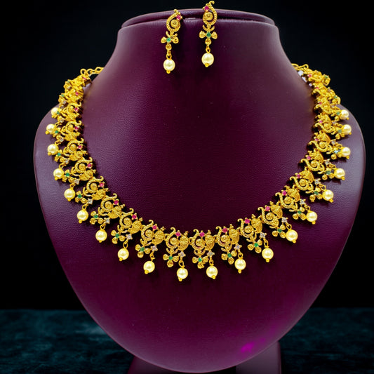 Antique Floral Gold Necklace Set with Pearl Drops
