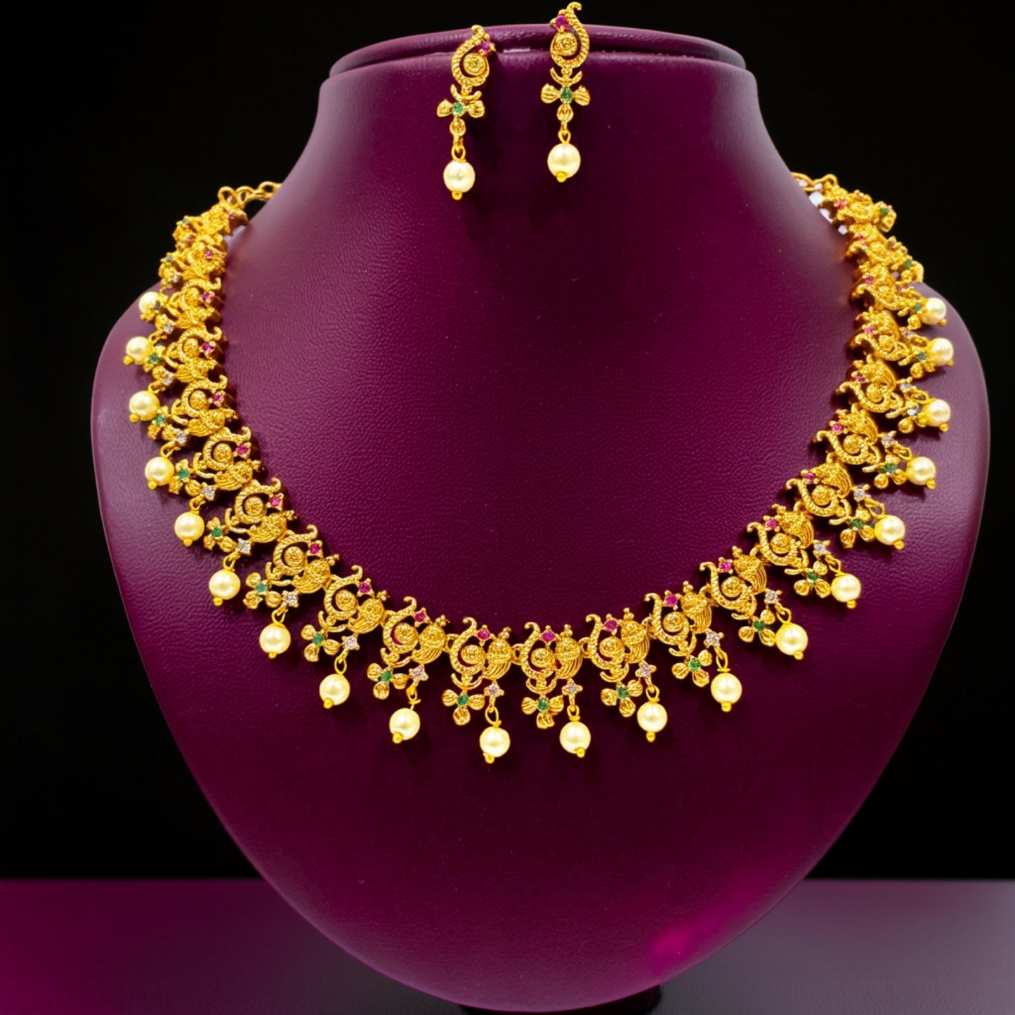 Antique Floral Gold Necklace Set with Pearl Drops