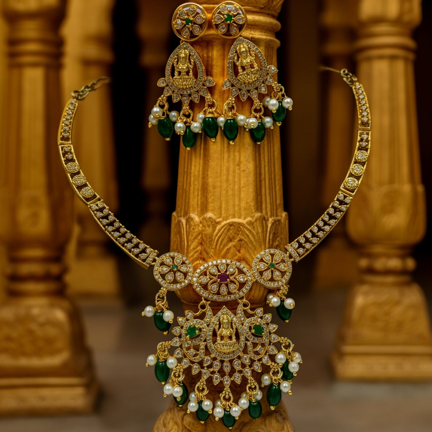 Lakshmi Temple Necklace Set with Emerald & Pearl Drops