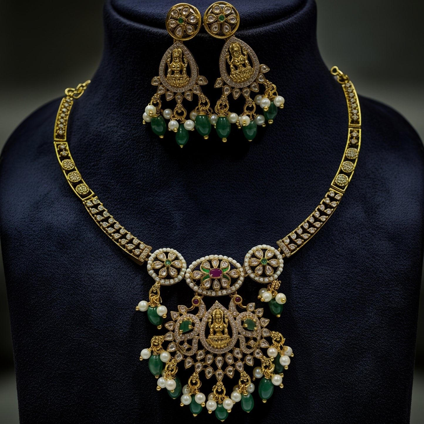 Lakshmi Temple Necklace Set with Emerald & Pearl Drops