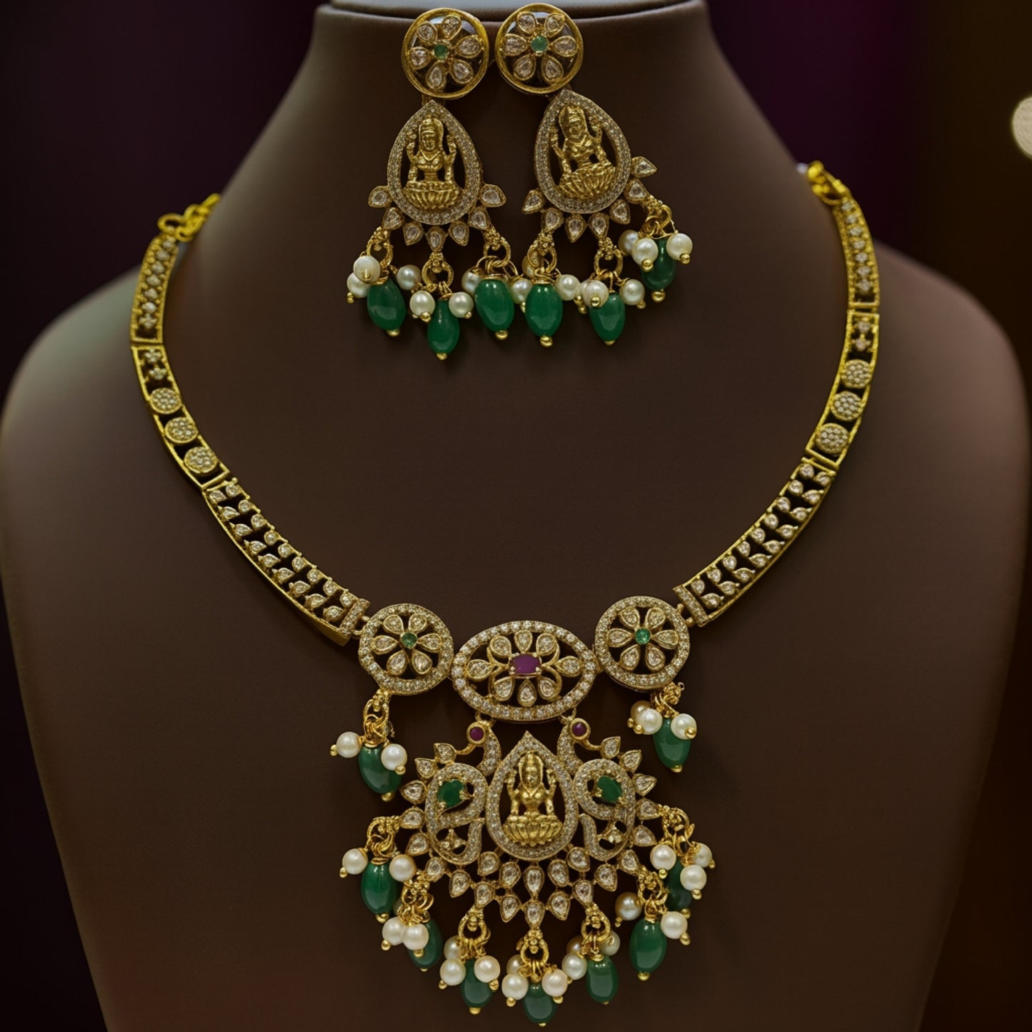 Lakshmi Temple Necklace Set with Emerald & Pearl Drops