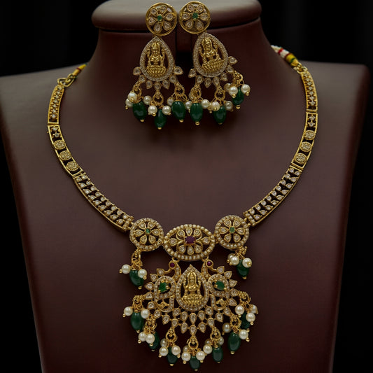 Lakshmi Temple Necklace Set with Emerald & Pearl Drops