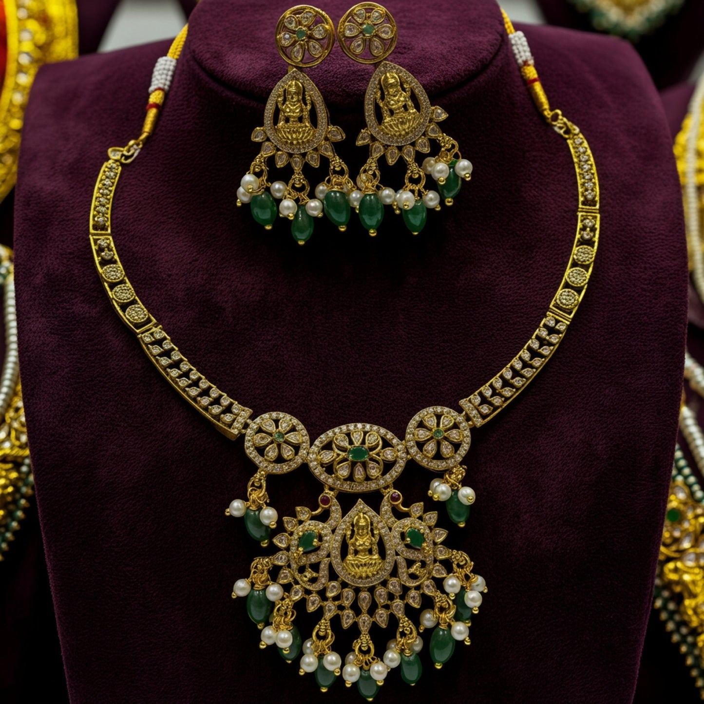 Lakshmi Temple Necklace Set with Emerald & Pearl Drops