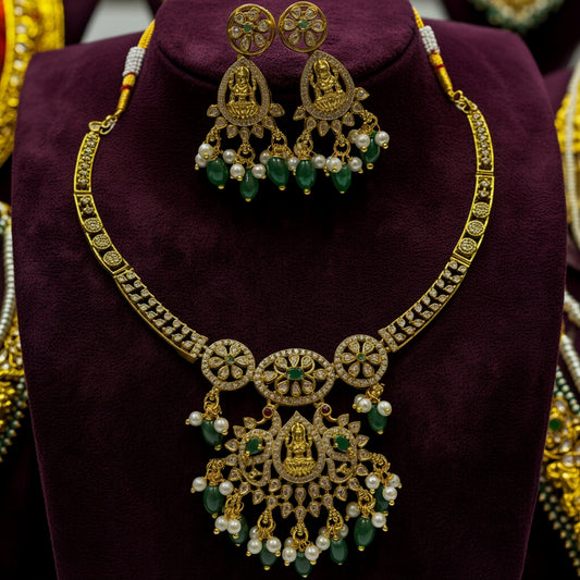 Lakshmi Temple Necklace Set with Emerald & Pearl Drops