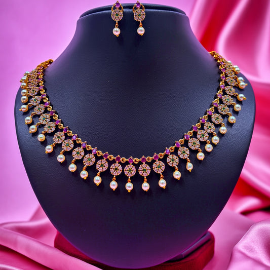 Floral Cluster Pearl Drop Necklace and Earring Set – Ruby