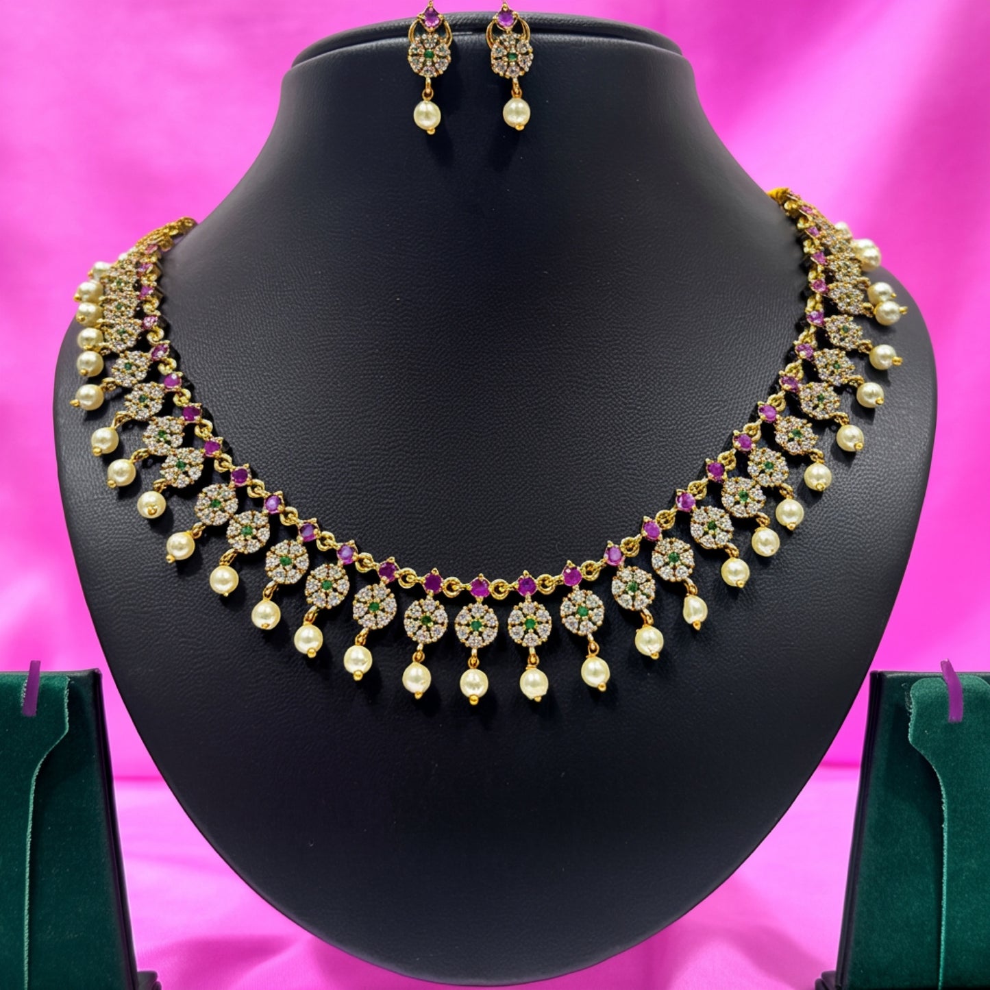 Floral Cluster Pearl Drop Necklace and Earring Set – Ruby