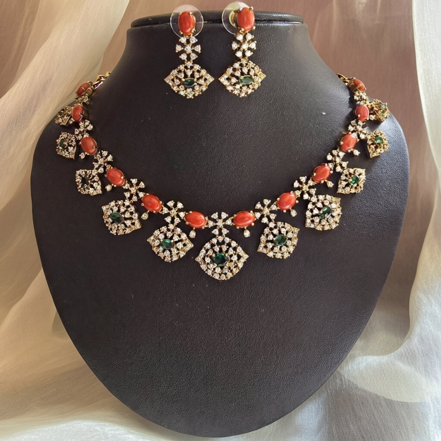 Coral and Diamond Imitation Necklace Set with Earrings | Sri Abharana Alank