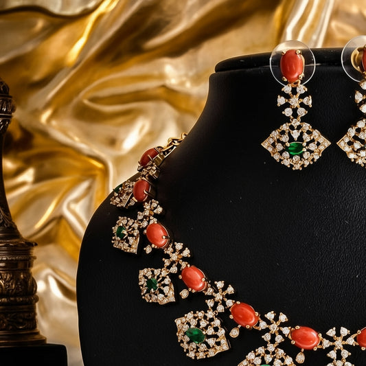Coral and Diamond Imitation Necklace Set with Earrings | Sri Abharana Alank