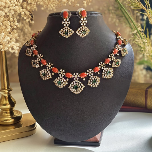 Coral and Diamond Imitation Necklace Set with Earrings | Sri Abharana Alank