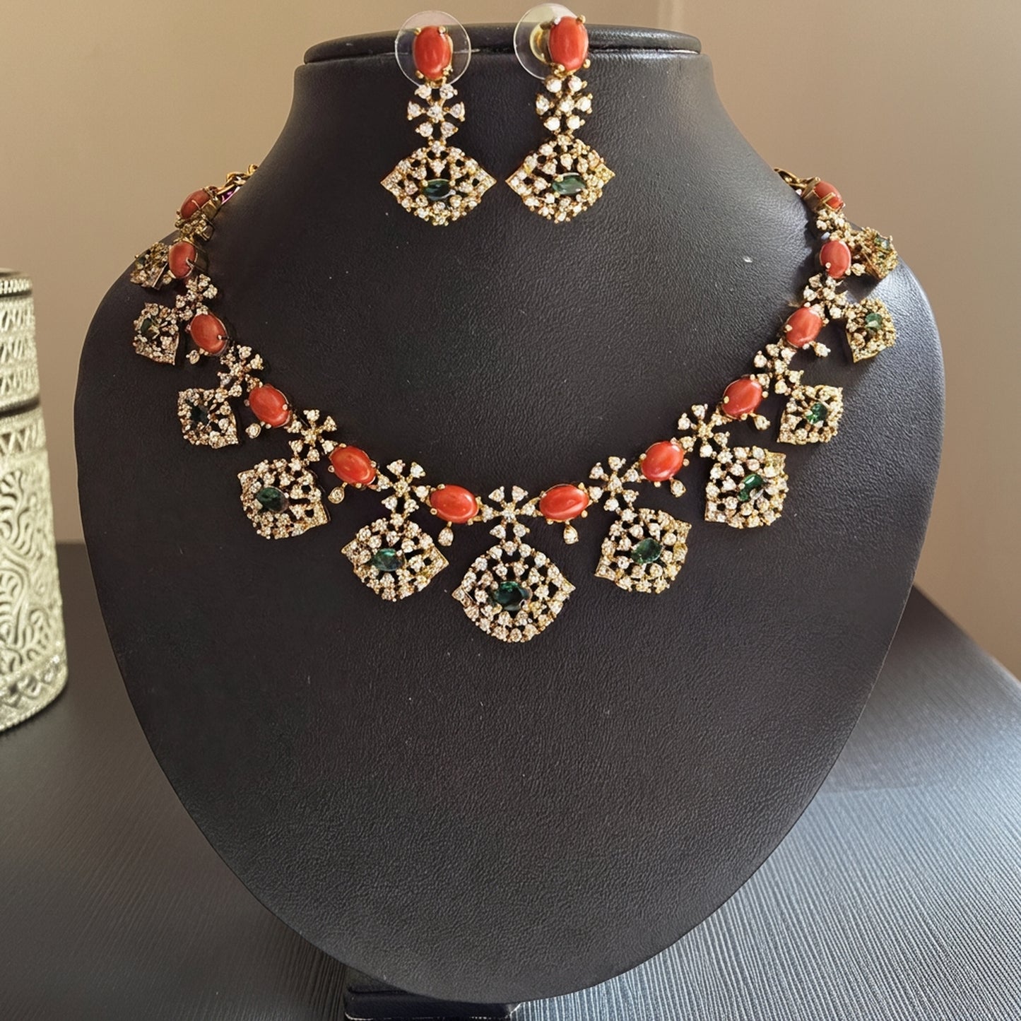Coral and Diamond Imitation Necklace Set with Earrings | Sri Abharana Alank