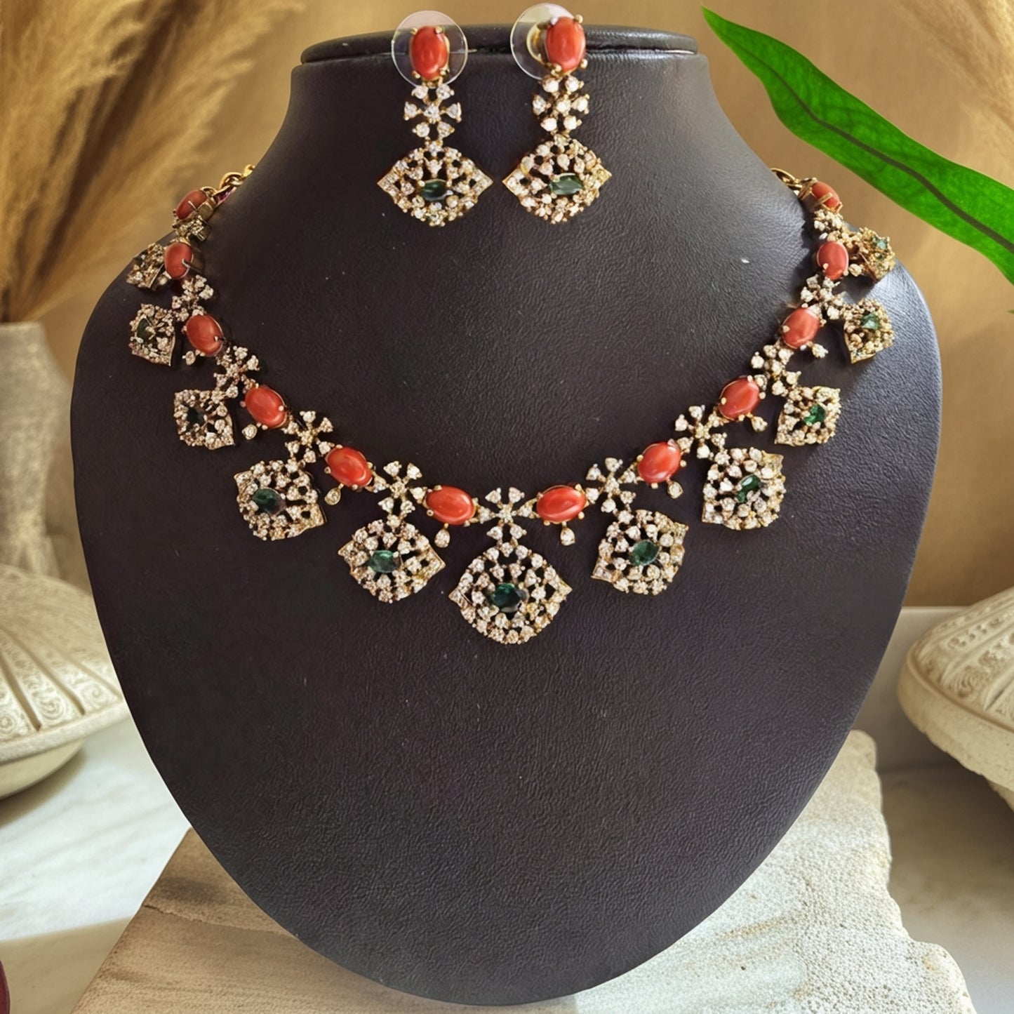 Coral and Diamond Imitation Necklace Set with Earrings | Sri Abharana Alank