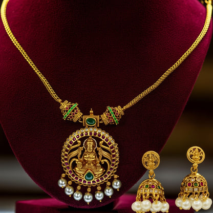 Divine Lakshmi Antique Necklace Set with Jhumkas – Temple Style Imitation Jewellery