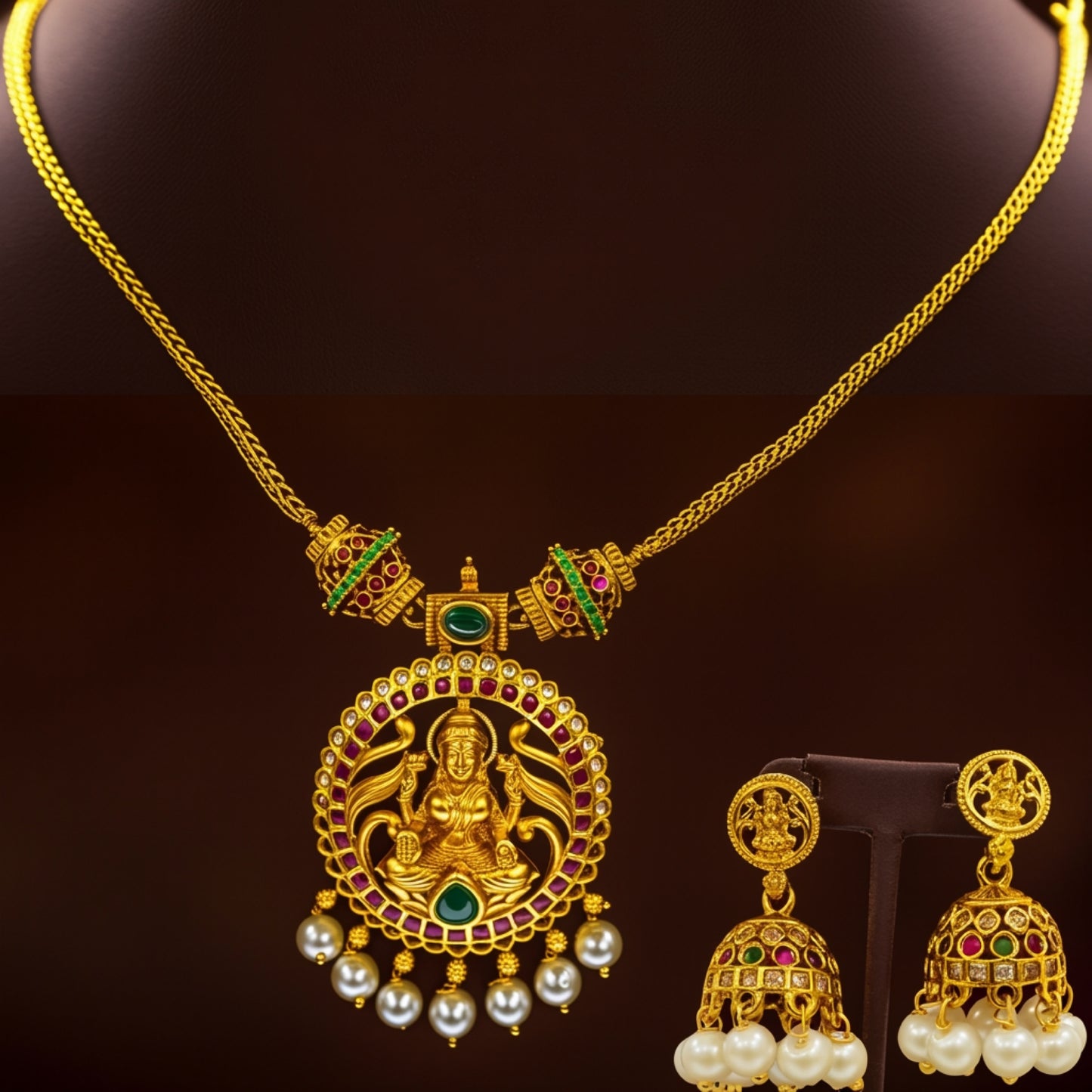 Divine Lakshmi Antique Necklace Set with Jhumkas – Temple Style Imitation Jewellery