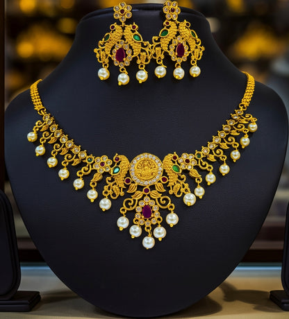 Lakshmi Coin Temple Necklace with Pearl Drops – Traditional Gold Plated Imitation Jewellery