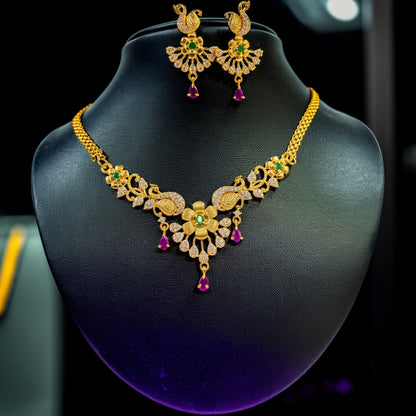 Elegant Gold-Toned Imitation Necklace Set with Peacock Motif & Ruby Drops