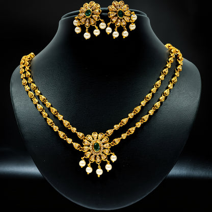 Antique Gold-Plated Pearl & Green Stone Necklace Set