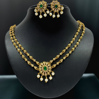 Antique Gold-Plated Pearl & Green Stone Necklace Set